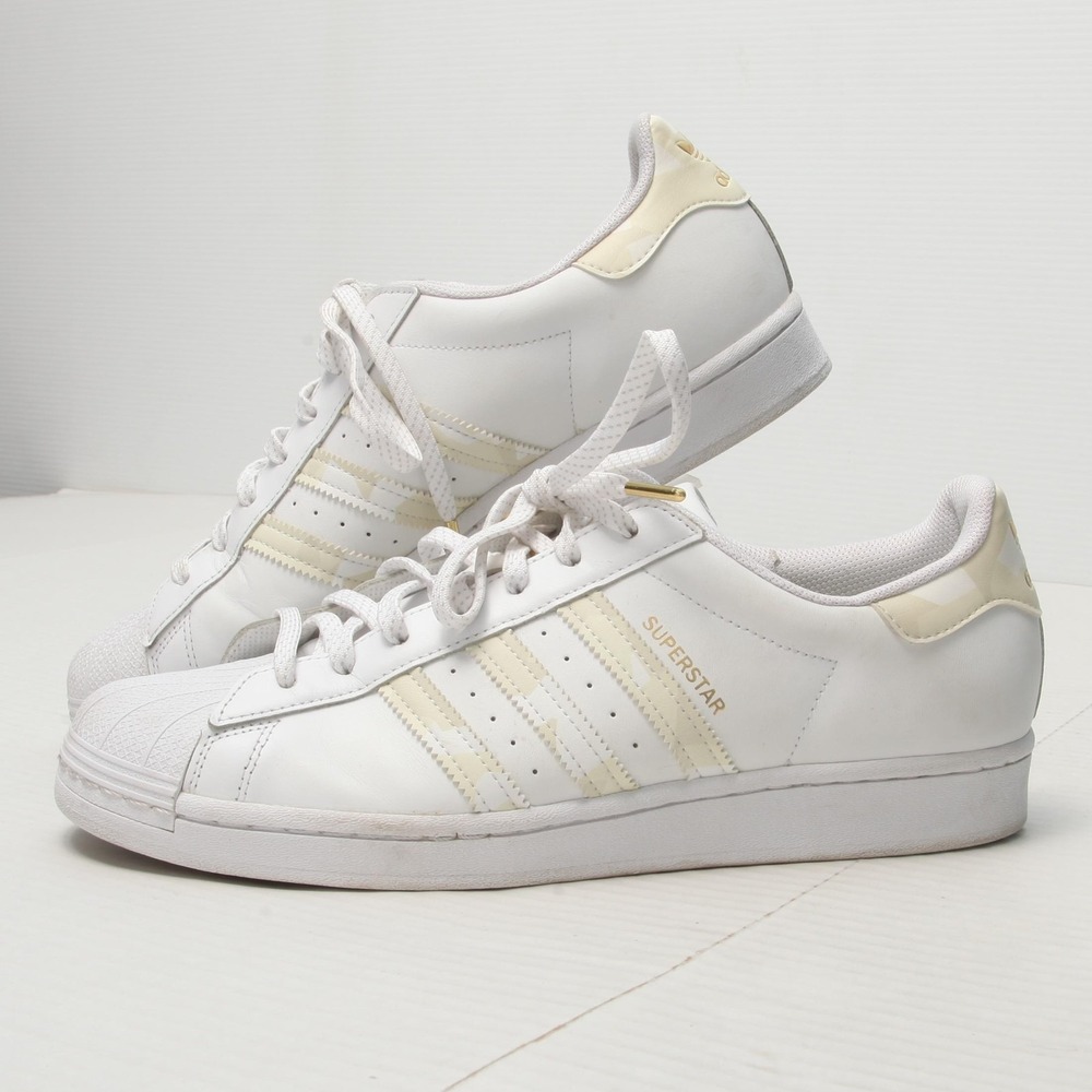 Adidas Superstar Shoes Mens 11 White Gold Leather Camo Stripe Sneakers FX9088